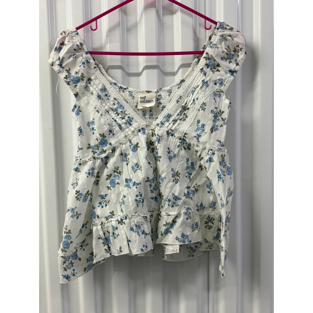 Self Esteem Blouse Womens S White Blue Excellent Floral Lace Smocked Peplum Top